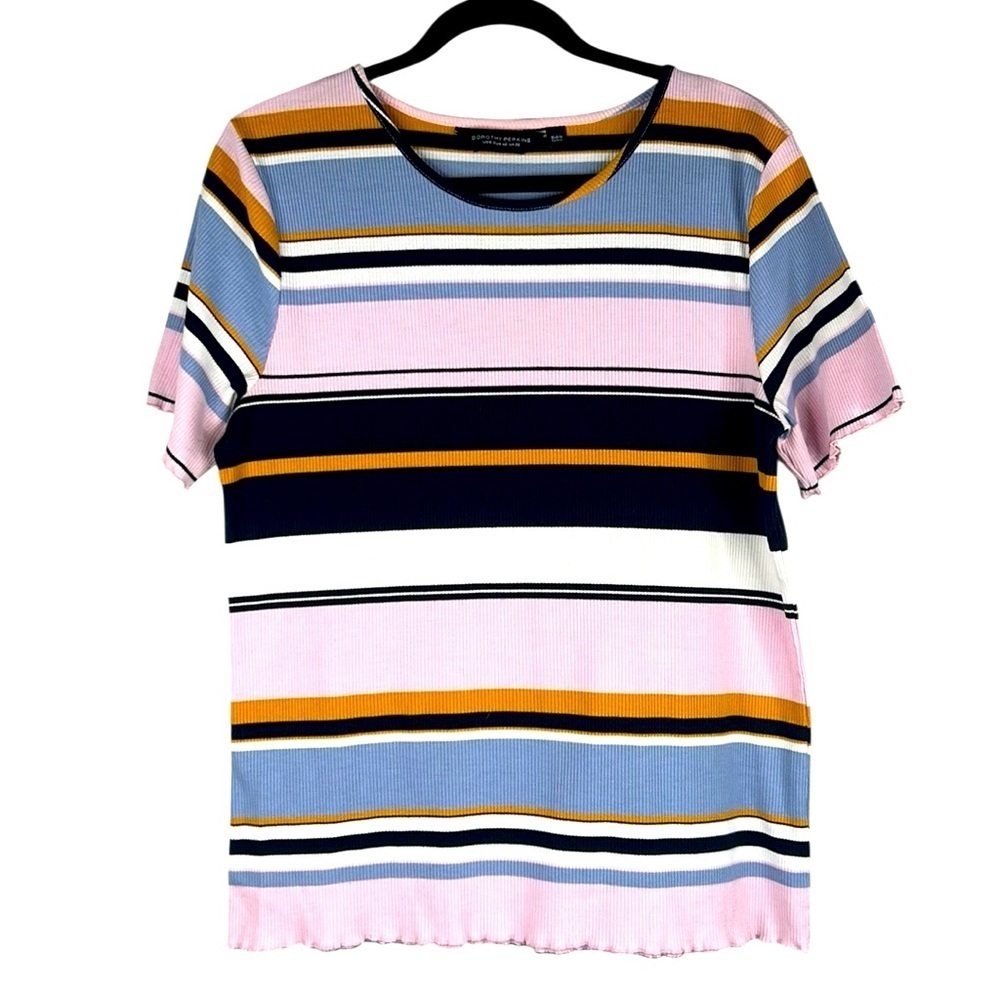Dorothy Perkins Casual Ribbed Striped Lettuce Hem Short Sleeve Top Size 16